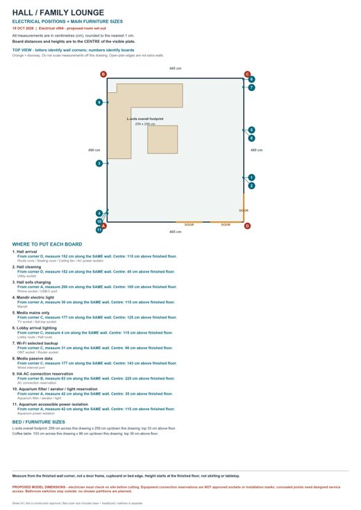 Hall / family lounge: room outline, electrical-board positions and furniture dimensions