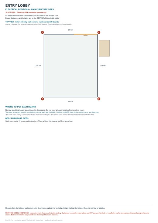 Entry lobby: room outline, electrical-board positions and furniture dimensions