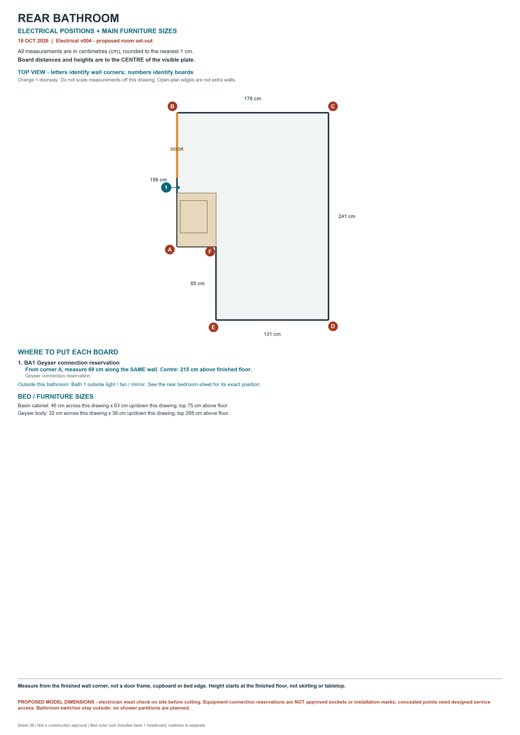 Rear bathroom: room outline, electrical-board positions and furniture dimensions