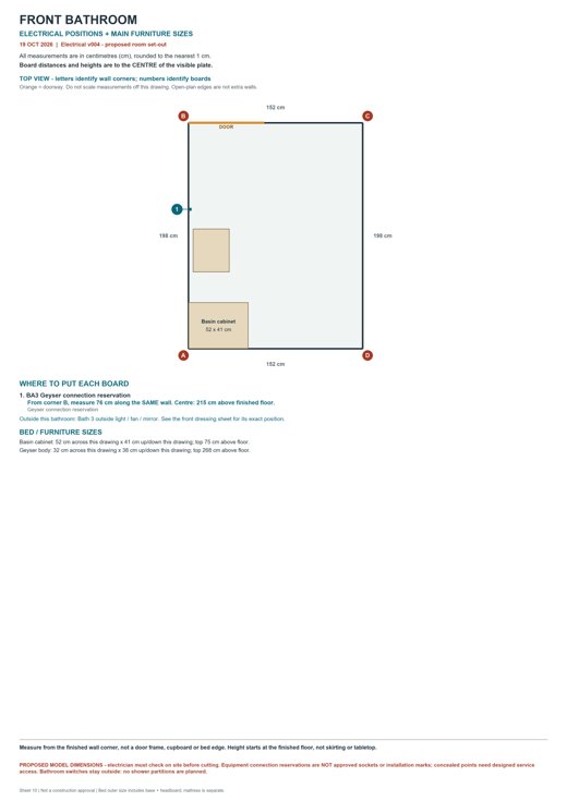 Front bathroom: room outline, electrical-board positions and furniture dimensions