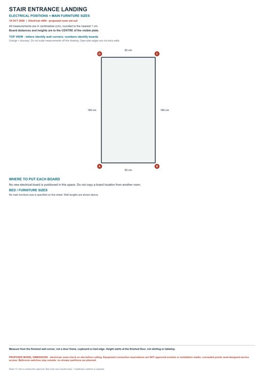 Stair entrance landing: room outline, electrical-board positions and furniture dimensions