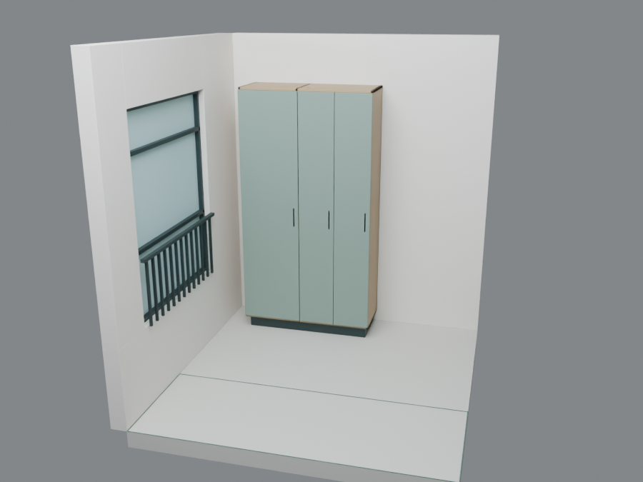 Proposed sage dry-storage bays and replacement left window on the intermediate landing; the right-hand area stays free.